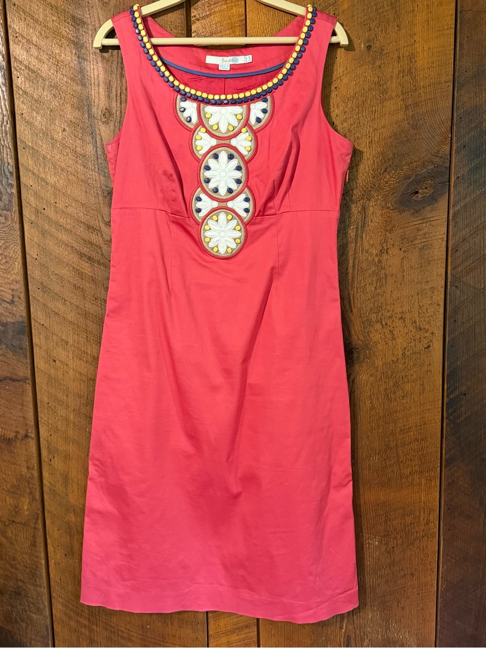 Boden Pink Beaded Embroidered Floral Cotton Shift Dress Size 4R 60s Resortwear